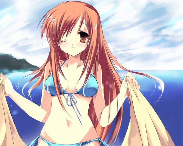 Anime picture 1280x1024 with light erotic brown eyes red hair one eye closed wink beach swimsuit bikini towel