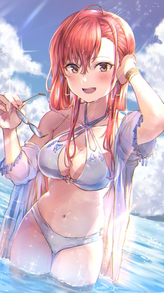 Anime picture 1185x2115 with idolmaster idolmaster shiny colors arisugawa natsuha shaka (staito0515) single long hair tall image looking at viewer blush fringe breasts open mouth light erotic smile hair between eyes standing holding brown eyes sky cloud (clouds)