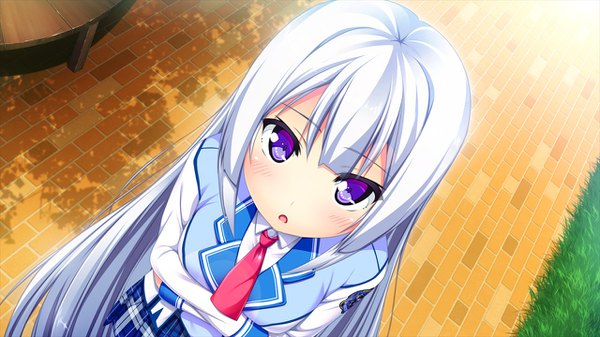Anime picture 1280x720 with harvest overray giga yatsurugi komachi nironiro usume shirou single looking at viewer blush fringe open mouth wide image standing purple eyes payot game cg silver hair blunt bangs long sleeves very long hair from above