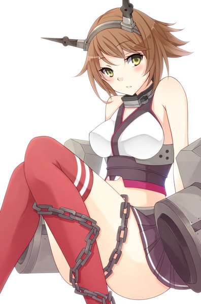 Anime picture 792x1200 with kantai collection mutsu battleship he92 single tall image blush short hair simple background brown hair white background bare shoulders yellow eyes pleated skirt girl thighhighs skirt hair ornament miniskirt headband chain