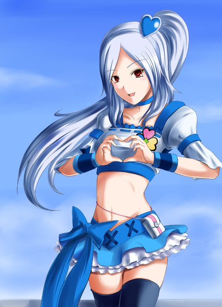 Anime picture 725x1000 with precure fresh precure! toei animation higashi setsuna eas cure berry c-wing single long hair tall image looking at viewer open mouth smile red eyes blue hair ponytail :d midriff zettai ryouiki skindentation