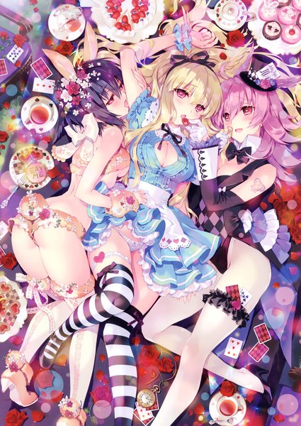 Anime picture 2426x3427 with fate (series) fate/grand order alice in wonderland valkyrie (fate/grand order) thrud (fate/grand order) ortlinde (fate/grand order) hildr (fate/grand order) carnelian long hair tall image blush fringe highres short hair breasts open mouth light erotic black hair blonde hair smile