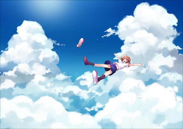 Anime picture 1229x869 with original makoto (roketto-massyumaro) single short hair open mouth brown hair sky cloud (clouds) eyes closed spread arms falling shoes removed girl uniform school uniform socks shoes black socks