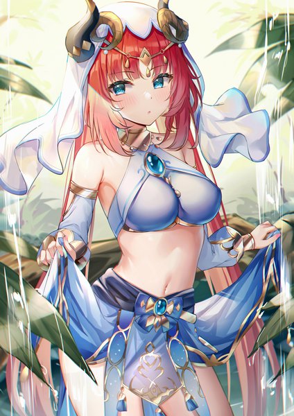 Anime picture 4950x7000 with genshin impact nilou (genshin impact) eric (tianqijiang) single long hair tall image looking at viewer blush fringe highres breasts blue eyes light erotic large breasts standing looking away absurdres red hair blunt bangs horn (horns)