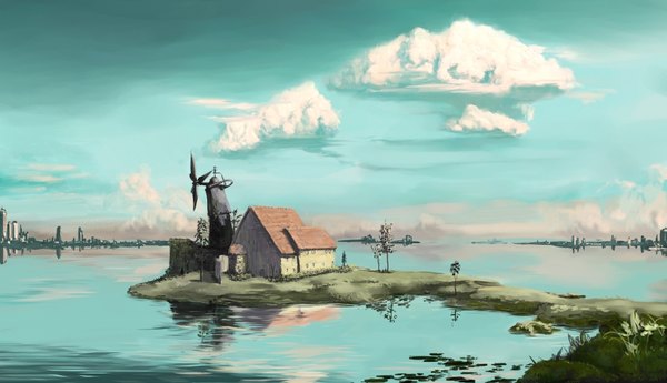 Anime picture 1565x900 with spirited away studio ghibli iridori wide image sky cloud (clouds) reflection landscape silhouette lake plant (plants) tree (trees) water house windmill