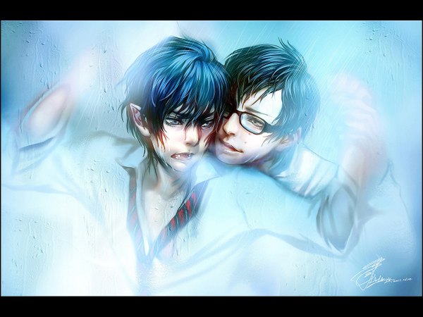 Anime picture 1280x960 with ao no exorcist a-1 pictures okumura rin okumura yukio lalaax short hair open mouth blue eyes black hair pointy ears multiple boys teeth fang (fangs) wallpaper holding hands shounen ai sharp teeth boy shirt water