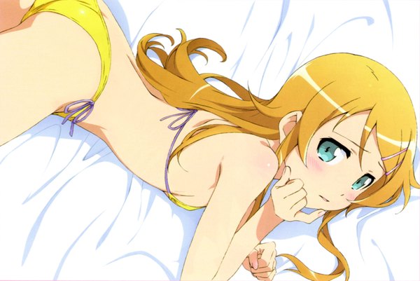 Anime picture 3502x2345 with ore no imouto ga konna ni kawaii wake ga nai kousaka kirino single long hair looking at viewer blush highres breasts open mouth blue eyes light erotic blonde hair bare shoulders absurdres ass embarrassed on side flat chest girl hair ornament