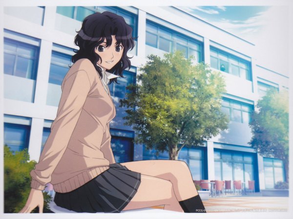 Anime picture 1356x1015 with amagami tanamachi kaoru single black hair black eyes scan crossed legs border girl skirt plant (plants) tree (trees) building (buildings) sweater