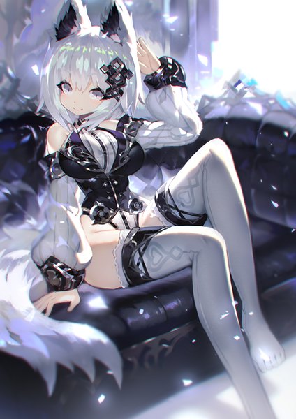 Anime-Bild 566x800 mit original mamuru single tall image looking at viewer blush fringe short hair breasts light erotic smile hair between eyes large breasts sitting animal ears silver hair tail animal tail arm up no shoes