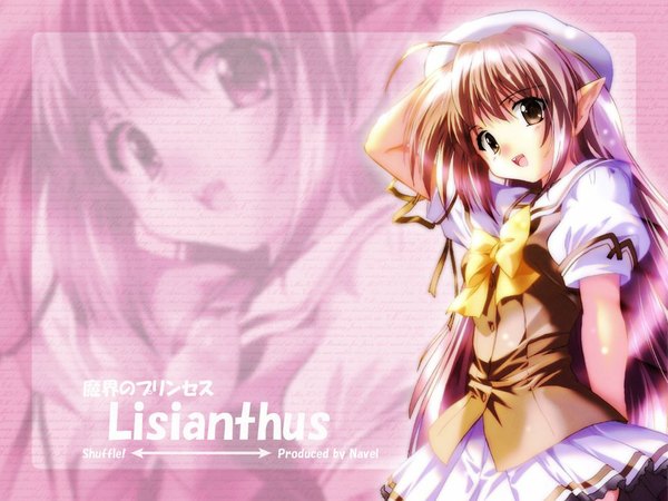 Anime picture 1024x768 with shuffle! lisianthus komatsu eiji single long hair looking at viewer open mouth brown hair brown eyes :d pointy ears character names zoom layer girl cap