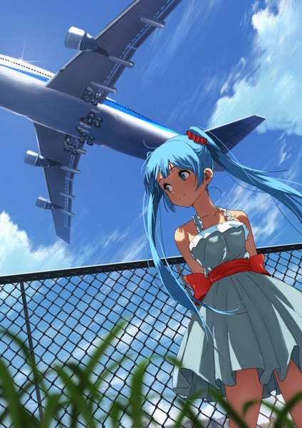 Anime-Bild 600x849 mit vocaloid hatsune miku domo1220 single long hair tall image blue eyes twintails payot blue hair looking away sky cloud (clouds) outdoors from below hands behind back girl dress fence aircraft