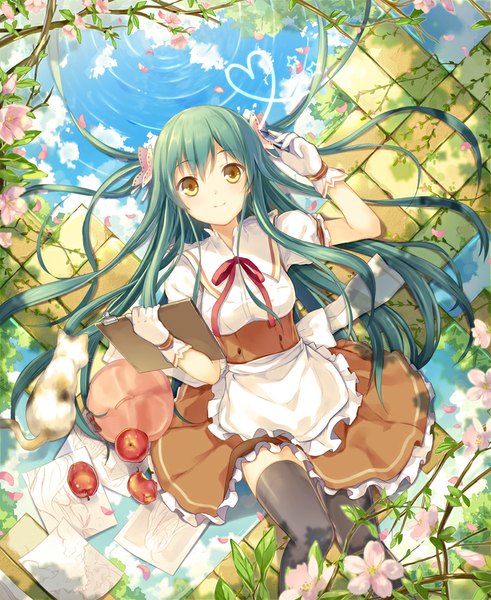 Anime picture 736x900 with original 6u (eternal land) single long hair tall image looking at viewer fringe breasts smile holding yellow eyes sky cloud (clouds) bent knee (knees) lying green hair on back two side up zettai ryouiki reflection