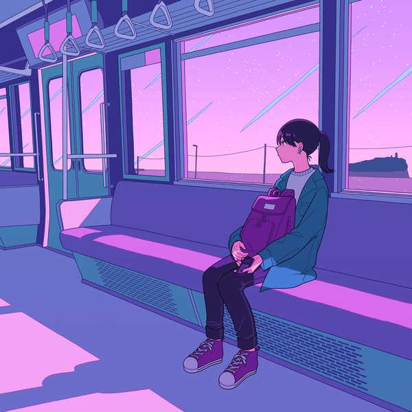 Anime picture 4739x4739 with original shi oo single long hair highres black hair sitting absurdres full body ponytail indoors profile casual train interior girl shoes headphones mobile phone ground vehicle smartphone