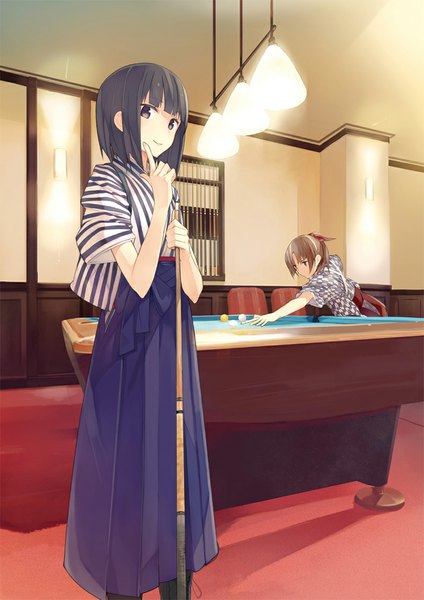 Anime picture 800x1132 with miz22 tall image looking at viewer fringe short hair brown hair standing purple eyes multiple girls holding purple hair traditional clothes japanese clothes light smile playing games yagasuri billiards girl 2 girls hakama