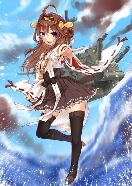 Anime picture 765x1075 with kantai collection kongou battleship yayoi (egoistic realism) single long hair tall image open mouth blue eyes brown hair sky cloud (clouds) full body ahoge nontraditional miko girl skirt weapon detached sleeves hairband thigh boots