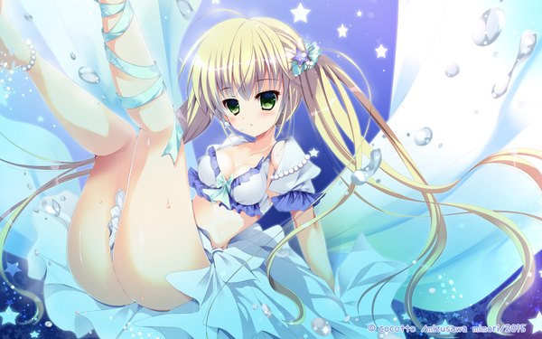 Anime picture 1920x1200 with original mizusawa mimori single looking at viewer blush highres light erotic blonde hair twintails green eyes ass very long hair legs girl dress bubble (bubbles)