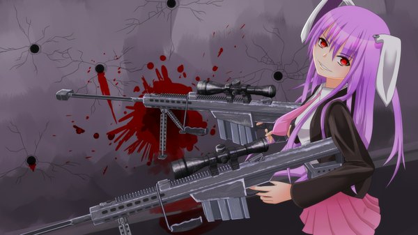 Anime picture 1728x972 with touhou reisen udongein inaba tomon (slash0410) single long hair looking at viewer highres smile red eyes wide image holding purple hair bunny ears grin bunny girl dual wielding girl skirt weapon miniskirt