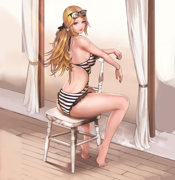 Anime picture 1500x1539 with dungeon and fighter female gunner (dungeon and fighter) monaim single long hair tall image looking at viewer fringe blue eyes light erotic blonde hair sitting full body parted lips looking back barefoot bare back sunglasses on head girl swimsuit