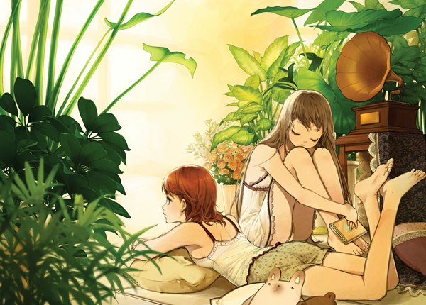 Anime picture 1000x718 with original salt (salty) long hair blush short hair blue eyes brown hair sitting bare shoulders multiple girls holding bent knee (knees) lying eyes closed profile barefoot from behind bare legs crossed legs back