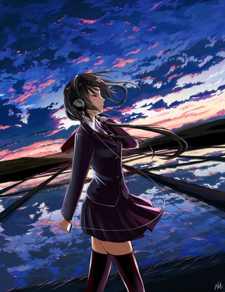 Anime picture 1000x1297 with original phantania single long hair tall image black hair cloud (clouds) eyes closed evening sunset girl thighhighs skirt uniform black thighhighs school uniform miniskirt necktie headphones iphone