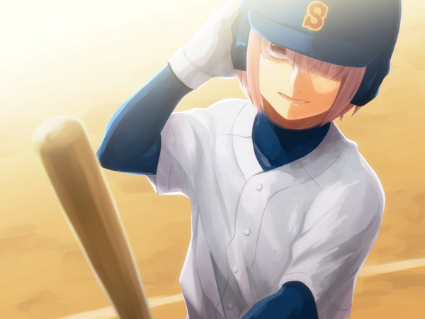 Anime picture 800x600 with daiya no ace production i.g kominato haruichi katao single looking at viewer fringe short hair pink hair pink eyes from above hair over one eye adjusting clothes boy uniform baseball bat baseball uniform baseball helmet