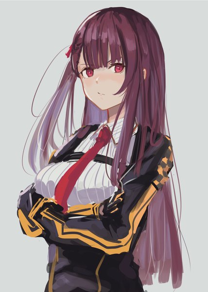 Anime picture 1020x1428 with girls frontline wa2000 (girls frontline) takagaki eru single long hair tall image looking at viewer blush fringe breasts simple background red eyes standing holding payot purple hair upper body blunt bangs grey background one side up