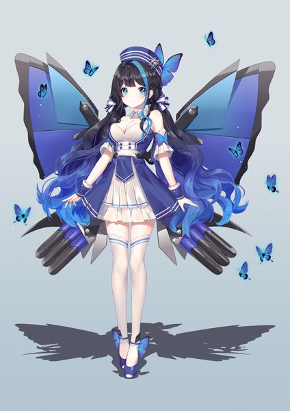 Anime picture 2120x3000 with original shiro albino single long hair tall image highres blue eyes black hair simple background standing twintails full body multicolored hair shadow streaked hair low twintails gradient hair insect wings butterfly wings mechanical wings