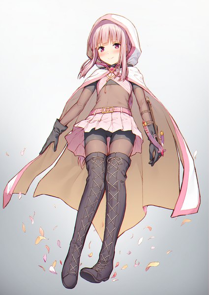 Anime picture 999x1410 with mahou shoujo madoka magica magia record: mahou shoujo madoka magica gaiden shaft (studio) tamaki iroha mikazuchi zeus single long hair tall image looking at viewer blush fringe simple background smile payot full body blunt bangs pleated skirt gradient background thigh gap flat chest