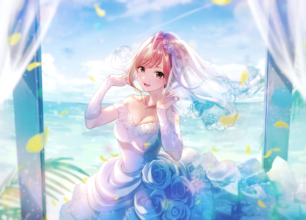 Anime picture 1563x1127 with idolmaster idolmaster shiny colors arisugawa natsuha magako single looking at viewer blush fringe short hair breasts open mouth smile standing bare shoulders sky cleavage cloud (clouds) :d fingernails wind