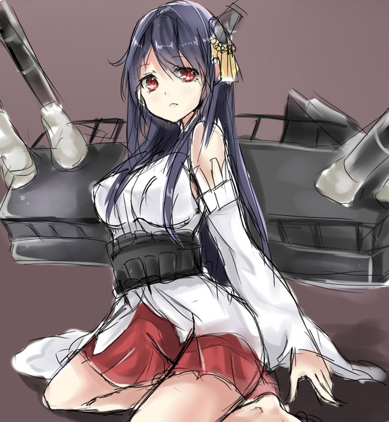 Anime picture 748x812 with kantai collection fusou battleship takitou single tall image looking at viewer fringe breasts simple background red eyes sitting bare shoulders payot blue hair wide sleeves kneeling expressionless purple background girl dress