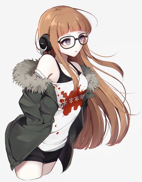 Anime picture 800x1022 with persona 5 persona sakura futaba kobeni single long hair tall image fringe simple background brown hair white background purple eyes bare shoulders looking away ahoge blunt bangs parted lips open jacket fur trim hands in pockets