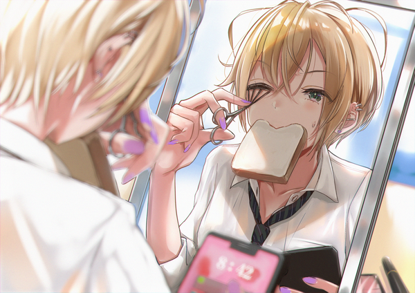 Anime picture 1920x1358 with original pecolondon single blush fringe highres short hair blonde hair hair between eyes holding green eyes upper body long sleeves nail polish one eye closed blurry dutch angle depth of field piercing mouth hold