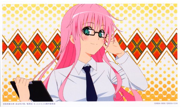 Anime picture 3509x2082 with toloveru xebec lala satalin deviluke single long hair looking at viewer blush highres smile wide image green eyes pink hair absurdres scan official art girl shirt glasses necktie