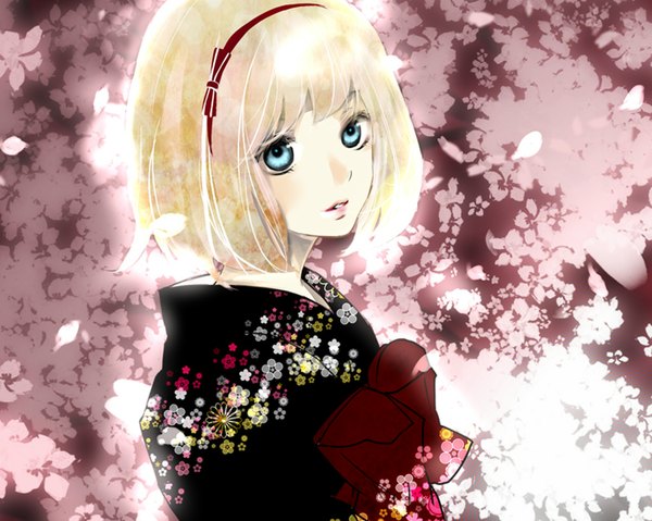 Anime picture 1024x819 with ao no exorcist a-1 pictures moriyama shiemi single short hair blue eyes blonde hair traditional clothes girl petals