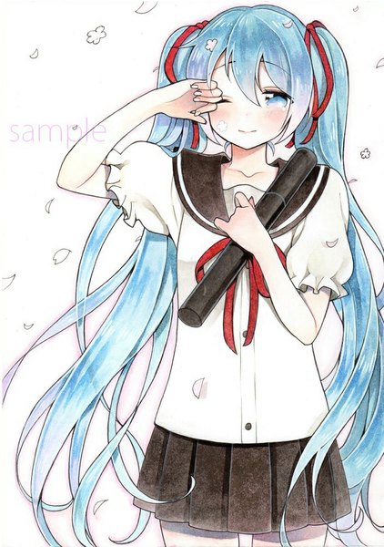 Anime picture 703x1000 with vocaloid hatsune miku spring miku mugicha0929 single long hair tall image looking at viewer blue eyes simple background white background twintails blue hair one eye closed light smile wink tears watermark crying hand on face