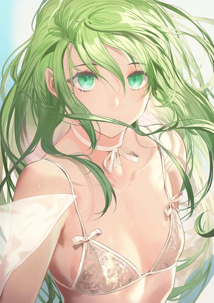 Anime picture 1447x2047 with fate (series) fate/strange fake enkidu (fate) salmon88 single long hair tall image looking at viewer fringe breasts light erotic hair between eyes standing green eyes upper body green hair androgynous crossdress boy choker