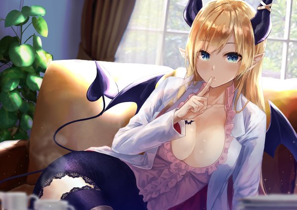 Anime picture 2047x1447 with virtual youtuber hololive yuzuki choco yuzuki choco (1st costume) konkito single long hair looking at viewer blush fringe highres breasts blue eyes light erotic blonde hair hair between eyes large breasts sitting payot cleavage