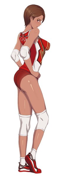 Anime picture 335x1000 with dead or alive lisa hamilton hayate (leaf98k) single tall image looking at viewer short hair light erotic simple background red eyes brown hair white background profile legs hands on hips girl uniform gym uniform