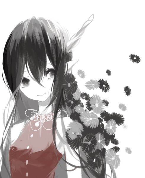 Anime picture 1572x1920 with original prophet chu single tall image black hair smile white background looking away horn (horns) pointy ears black eyes girl flower (flowers)