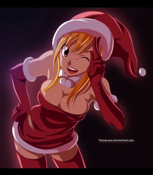 Anime picture 1000x1145 with fairy tail lucy heartfilia tremblax single long hair tall image open mouth light erotic simple background blonde hair smile one eye closed pink eyes wink hand on hip coloring christmas letterboxed girl thighhighs