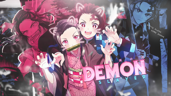 Anime picture 1920x1080 with kimetsu no yaiba ufotable kamado nezuko kamado tanjirou doran7280 totoro-gx long hair blush highres open mouth smile red eyes wide image holding red hair traditional clothes japanese clothes pink eyes multicolored hair fingernails