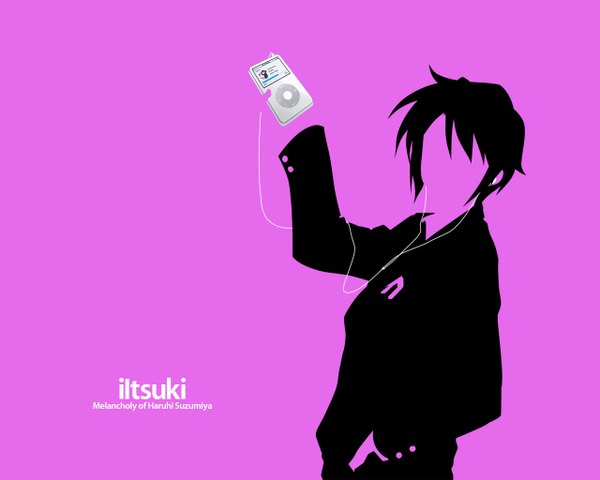 Anime picture 1280x1024 with suzumiya haruhi no yuutsu kyoto animation ipod koizumi itsuki purple background silhouette parody