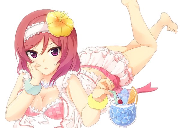 Anime picture 1264x898 with love live! school idol project sunrise (studio) love live! nishikino maki yuu (oosakazaijyuu) single looking at viewer short hair open mouth light erotic simple background white background purple eyes red hair hair flower chin rest girl hair ornament flower (flowers) swimsuit