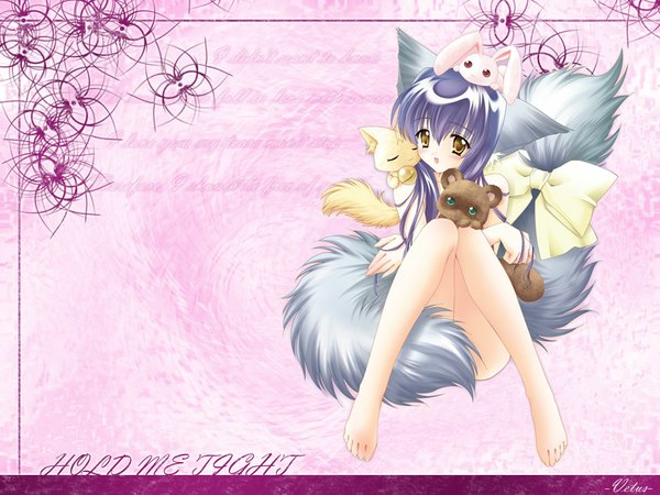 Anime picture 1024x768 with tail tale koma (tail tale) soro (tail tale) iori (tail tale) min (tail tale) louis&visee single long hair looking at viewer blush fringe open mouth light erotic simple background hair between eyes sitting bare shoulders animal ears yellow eyes payot