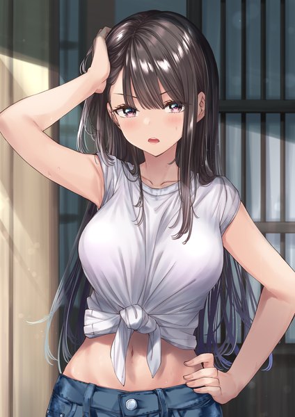 Anime picture 1012x1433 with original wing (aiastor) single long hair tall image looking at viewer blush breasts open mouth black hair large breasts upper body outdoors pink eyes multicolored hair arm up teeth short sleeves midriff sweat