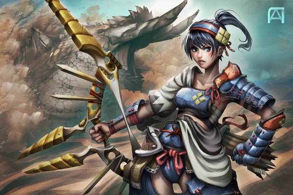 Anime picture 2700x1800 with monster hunter pechan (artist) single highres short hair breasts blue eyes light erotic black hair looking away ponytail traditional clothes japanese clothes lips girl weapon armor spaulder (spaulders) monster bow (weapon)