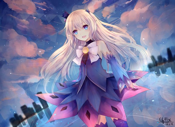 Anime picture 1200x875 with elsword luciela r. sourcream (elsword) demon power (elsword) bai qi-qsr single long hair blush fringe open mouth blue eyes blonde hair standing bare shoulders signed looking away sky cloud (clouds) outdoors pointy ears blurry
