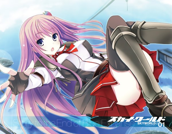 Anime picture 2028x1590 with sky world yukazaki kasumi mutou kurihito single long hair looking at viewer fringe highres breasts open mouth light erotic purple eyes pink hair official art outstretched arm convenient censoring falling girl thighhighs skirt