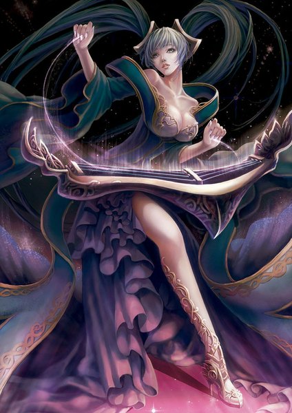 Anime picture 811x1147 with league of legends sona buvelle tagme (artist) single tall image breasts blue eyes twintails bare shoulders very long hair green hair lips legs girl dress musical instrument harp