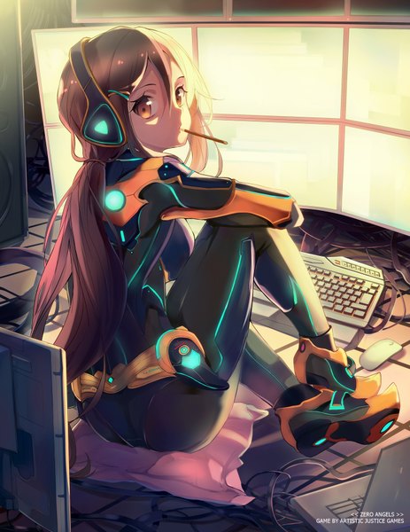 Anime picture 1400x1812 with zero angels agent 010 kagura kurosaki single long hair tall image brown hair holding brown eyes bent knee (knees) looking back copyright name mouth hold girl headphones bodysuit wire (wires) monitor laptop computer keyboard